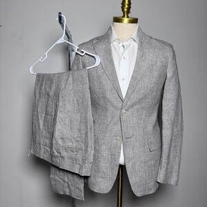 Tallia 2-Piece Suit Mens 36R 36x28 Grey Houndstooth 100% Linen Slim Fit Blazer
